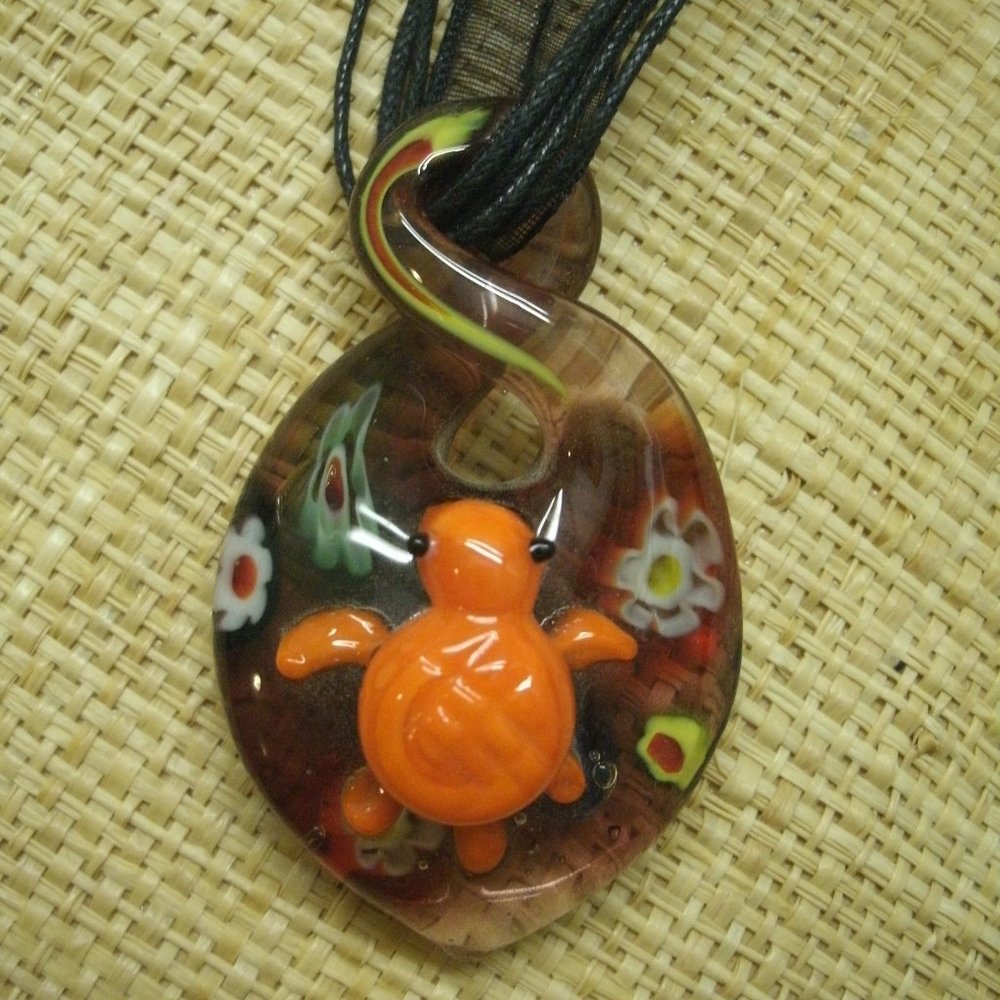 Murano Glass Turtle & Flowers Pendant Necklace